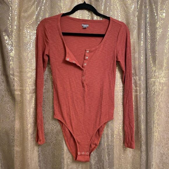 Aerie Women’s Medium Long Sleeve Button Down Burnt Orange Red Bodysuit Stretch - Picture 1 of 5